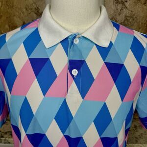 Paul Jones Polo Shirt Mens‎ Medium Pink Blue Geometric Knit Short Sleeve